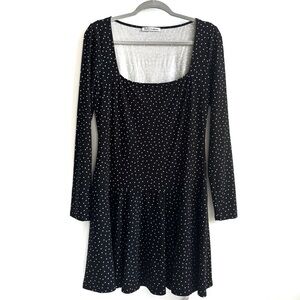 Reformation NWOT Polka Dot White Square Neck Longsleeve Mini Dress Black Large